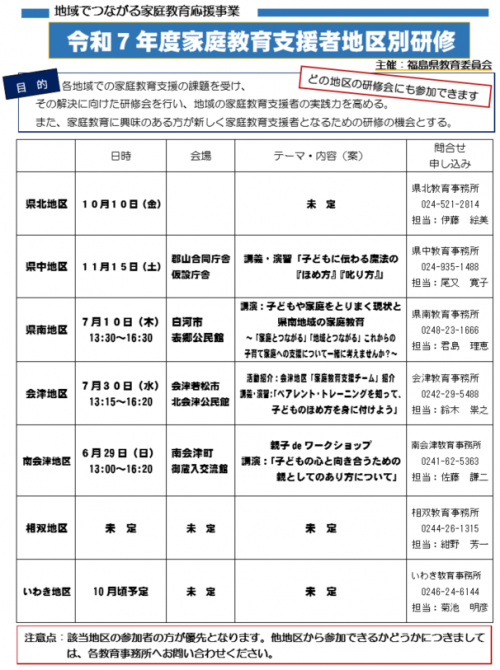 令和７年度家庭教育支援者地区別研修会一覧