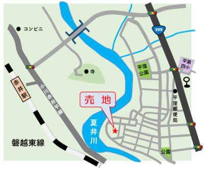 対象物件の案内図です。JR磐越東線の赤井駅が最寄り駅で、夏井川のほど近くに位置します。